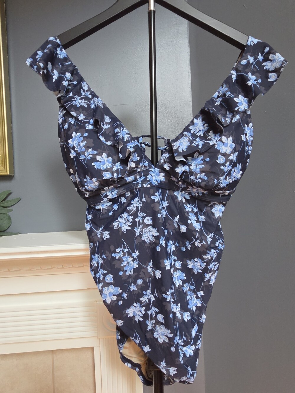 Maternity Navy Floral One-Piece Swimsuit with Light Blue Blossoms Size Small✨NWT